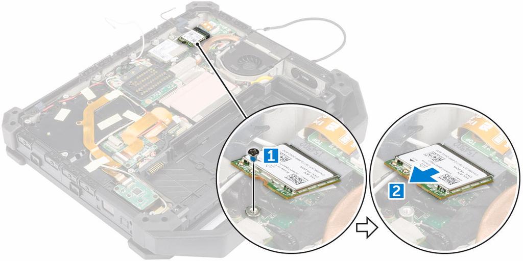 Installera WLAN-kortet 1. Sätt i WLAN-kortet i kortplatsen. 2. Dra åt skruven som håller fast WLAN-kortet. 3. Anslut antennkablarna till WLAN-kortet. 4. Installera: a.