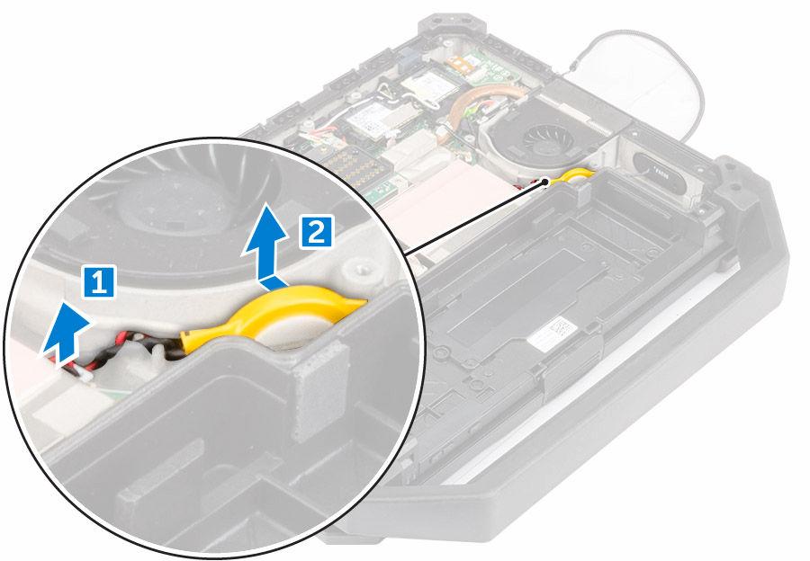 5. Dra antennkabeln och anslut den till kontakten på WLAN-kortet. 6. Sätt fast tejpen som håller fast antennkabeln. 7. Installera: a. dockningskortet b. kåpan c. batteriet 8.