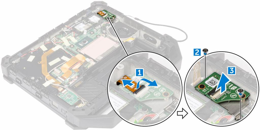 Installera SIM-kortet 1. Infoga SIM-kortet i kortplatsen på datorn. 2. Installera skruvarna som håller fast SIM-kortet. 3. Anslut kontaktkabeln för SIM-kortet till SIM-kortet. 4. Installera: a.