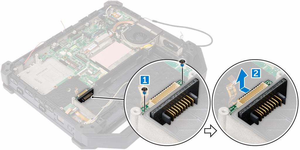 Installera batterikontakten 1. För in batterikontaktkortet i datorn. 2. Sätt fast batterikontaktkortet i datorn med hjälp av skruvarna. 3. Installera: a. kortfästet b. hårddisk c. MEMS-kortet d.