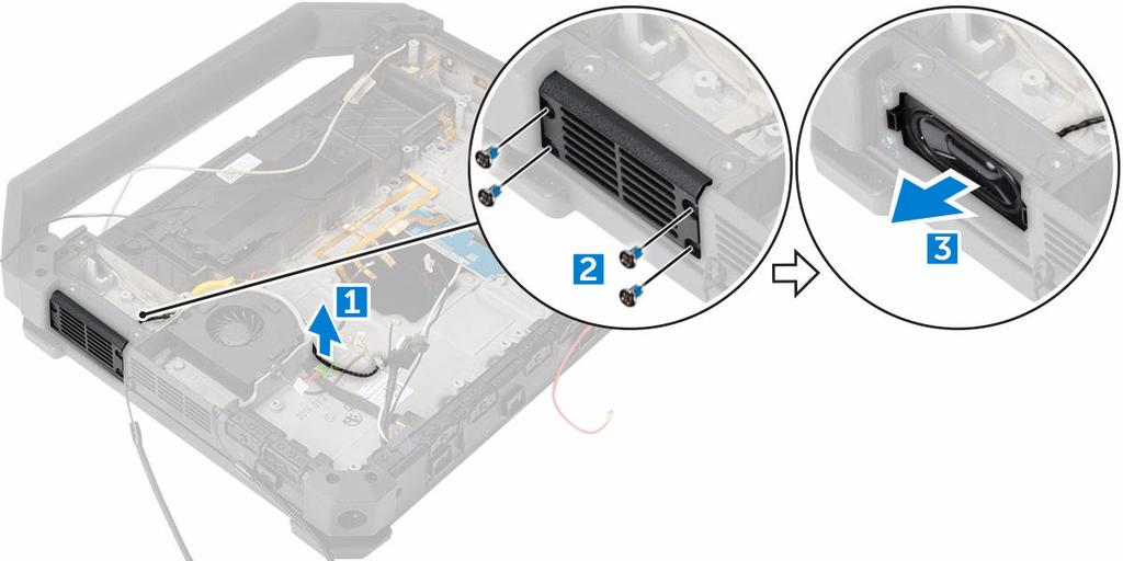 Installera högtalaren 1. Sätt högtalaren på plats i facket i datorchassit. 2. Dra åt skruvarna som håller fast högtalaren. 3. Anslut högtalarkabeln till moderkortet. 4. Installera: a. moderkort b.