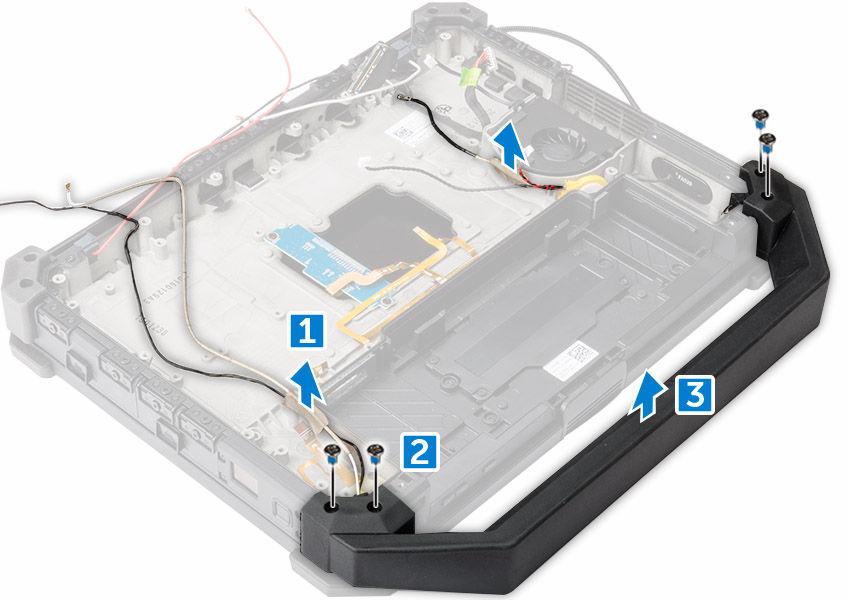 a. batteriet b. kåpan c. dockningskortet d. GPS-modulen e. USH-kortet f. MEMS-kortet g. hårddisk h. batterikabel i. batterikontakt j. kortfästet k. minnesmodul l. kabelhållarfästet för antennen m.