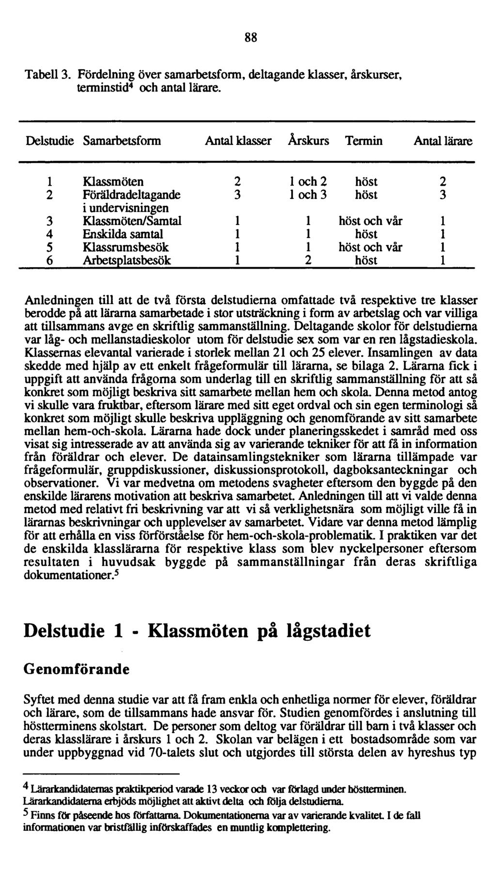 88 Tabell 3. Fördelning över saraarbetsform, deltagande klasser, årskurser, terminstid 4 och antal lärare.