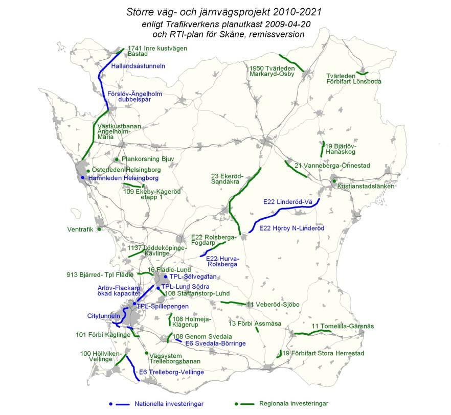 Nya projekt enligt nu tillgängliga preliminära material, planeringsnivå: Projekt Kostnad, Mkr E22 Linderöd-Vä 837 Tpl Spillepengen, Malmö 210 E4 Infart till Helsingborgs hamn 269 E6 Tpl Lomma södra