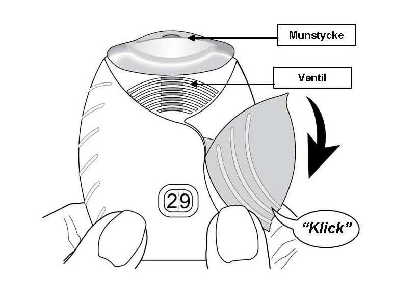 Nu är läkemedlet klart att inhaleras. Dosräknaren räknar ner 1 dos för att bekräfta. Om dosräknaren inte räknar ner när du hör klickljudet kommer inhalatorn inte att avge något läkemedel.