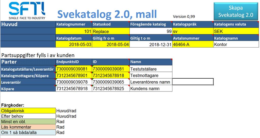 Svekatalog mall I excel-format 2018-07-06 14:57 3 (5) Huvud De celler som är markerade med gult är obligatoriska uppgifter.