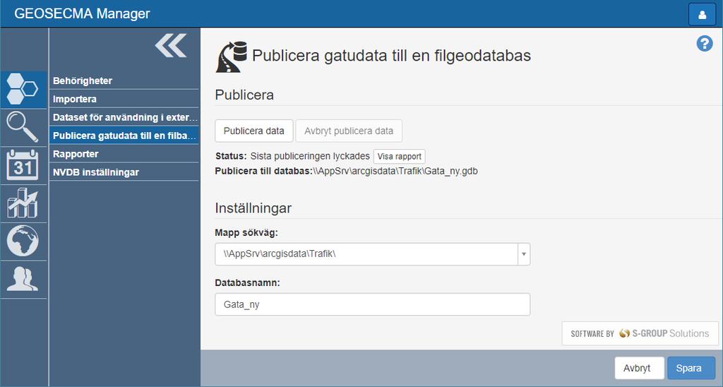 Publicera till filbaserad geodatabas De som använder GEOSECMA Trafikmodul behöver skapa en filgeodatabas av data från gatadatabasen.
