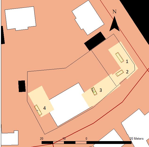 Figur 4. De fyra schaktens placering på undersökningsytan, hus och garage är gulmarkerade områden.