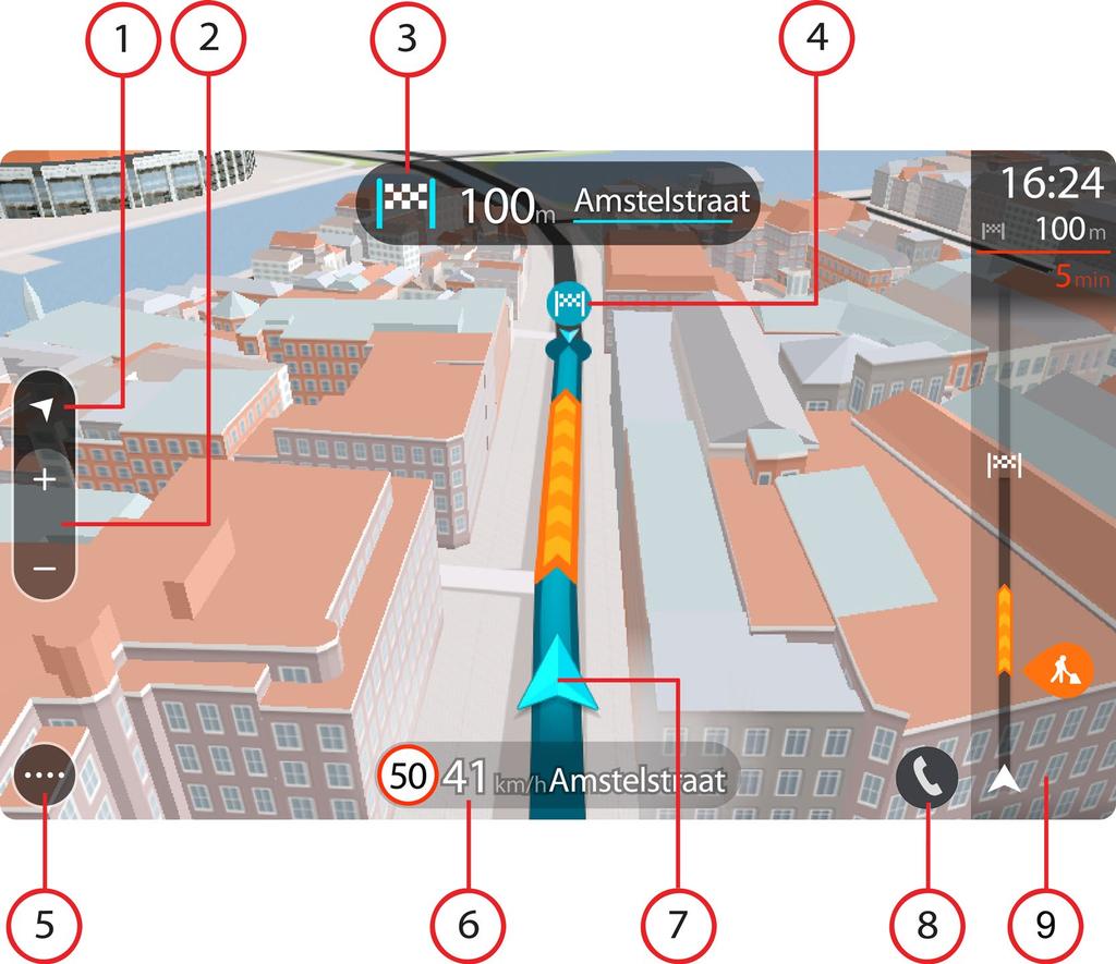 När TomTom GO PREMIUM startas efter att ha varit i viloläge och du har planerat en rutt visas vägledningsvisningen med din nuvarande plats. 1. Visningsknapp.