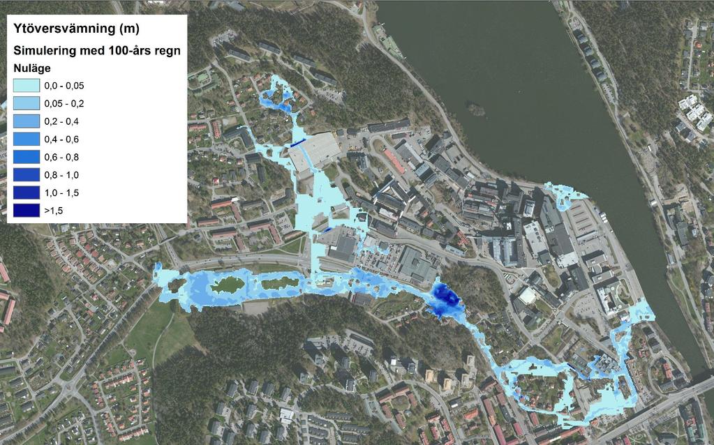 Bilaga 4 Simulering nuläge med 100 års regn med varaktighet på 12 h och avrinningskoefficienter multiplicerats med faktor 1,25.