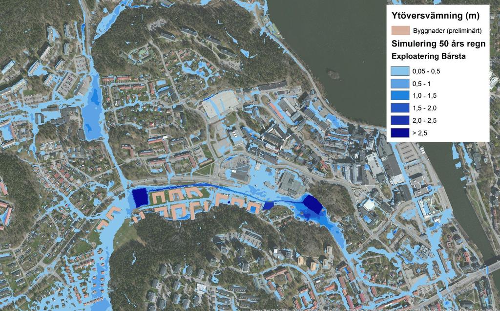 Bilaga 7 Simulering exploatering av Bårstafältet med 50 års regn med varaktighet på 12 h och avrinningskoefficienter multiplicerats med faktor 1,25.