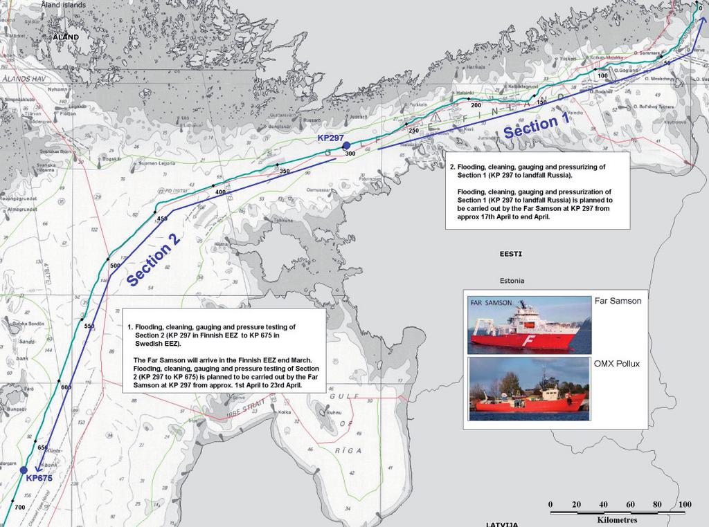 17 The vessel Far Samson is, during 1 April 23 April, preparing to take the second gas pipeline into use between the points KP 297 and KP 675 (Section 2. See picture).