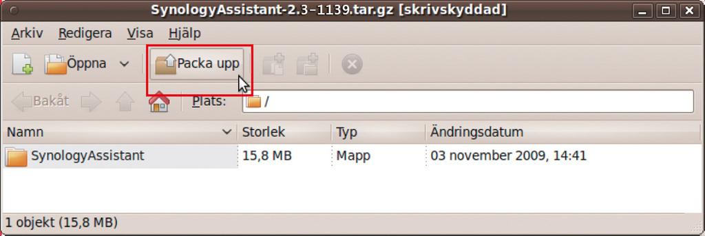 på skrivbordet. 3 I filbläddrarfönstret som visas dubbelklickar du på mappen Linux och sedan på Synology Assistant-3.1- [nummer].tar.gz. 3.1-1605 3.