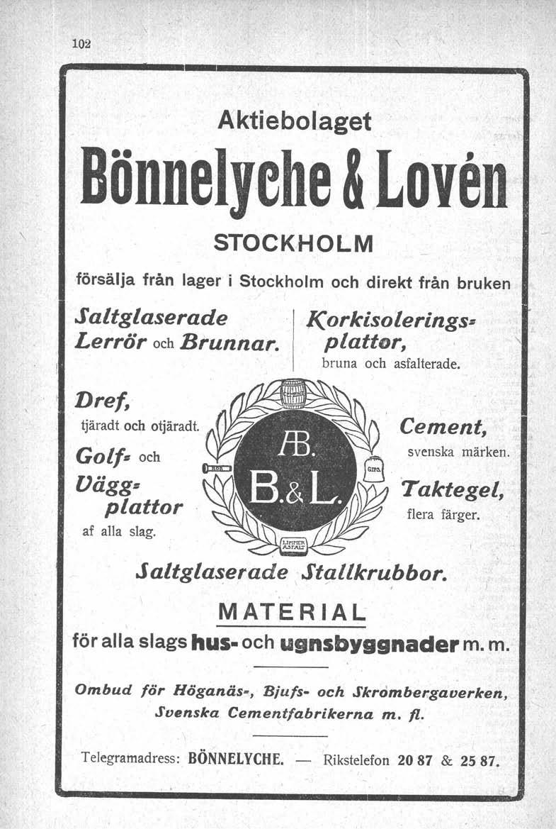 102 \ Aktiebolaget. BönnelJcbe & Loven \ STOCKHOLM försälja från lager i Stockholm och direkt från bruken Saltglaserade Lerrör och Brunnar. Dref, tjäradt och otjäradt.