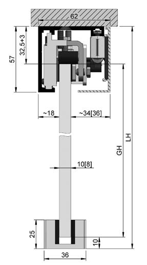Set SlideTec optima 50 Takmontage enkeldörr med dämpningsmekanism Beställ täckplattor separat. Minsta dörrbredd för användande av dämpare är 800 mm.