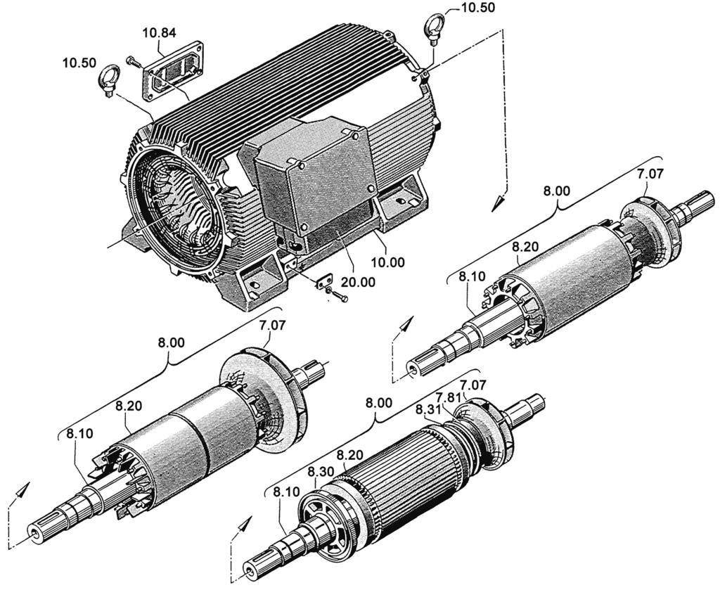 Reservdelar 10.4 Statorer och rotorer 10.4 Statorer och rotorer Bild 10-1 Statorer och rotorer Tabell 10-1 Reservdelar för stator och rotor Del Beskrivning Del Beskrivning 7.07 Inre ventilator 8.