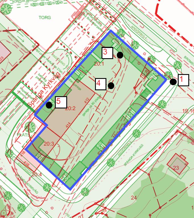 Figur 2: Placering av mätpunkter. Geofonen användes för den oövervakade mätningen och accelerometern för den övervakade mätningen.