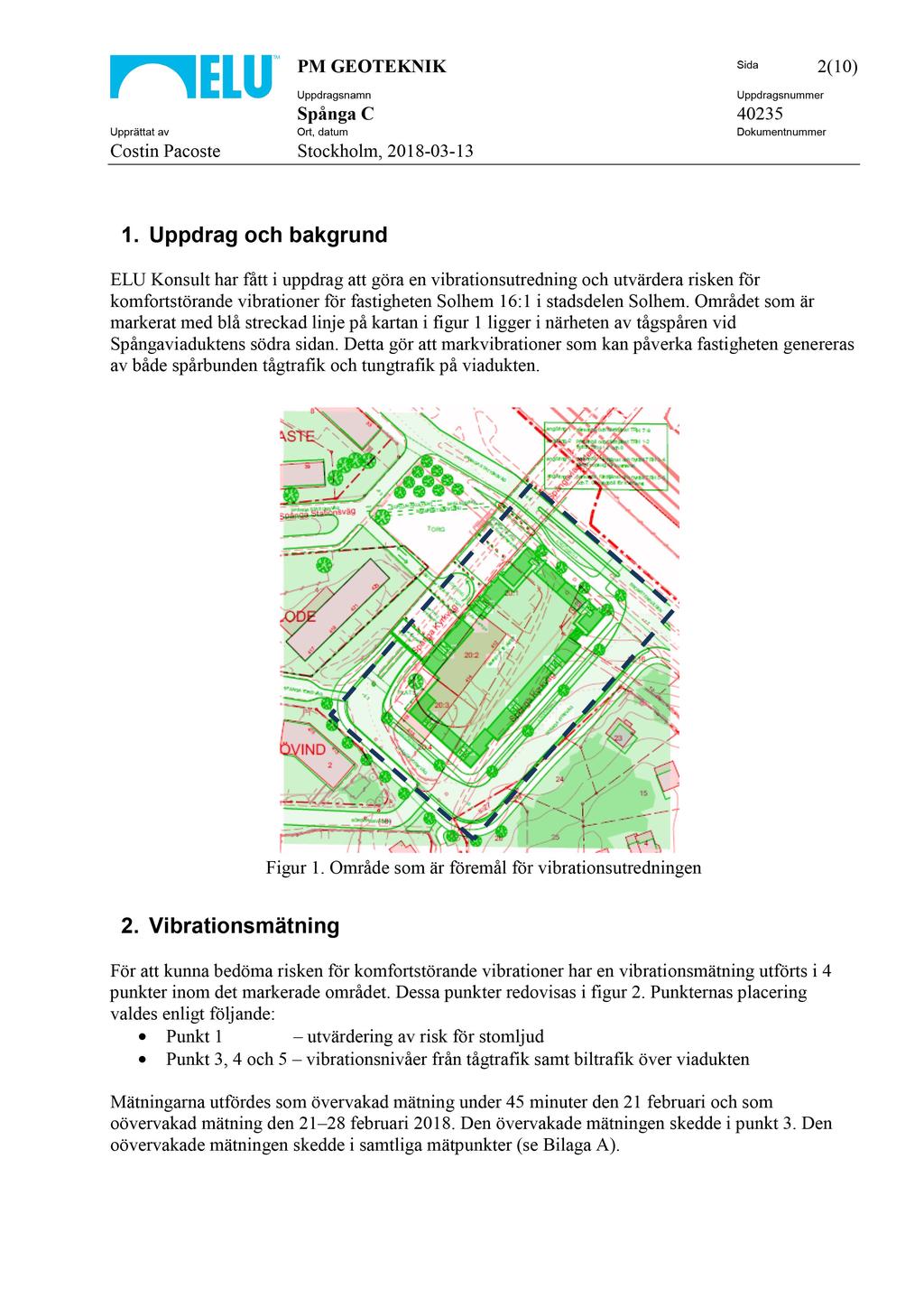 PM GEOTEKNIK Sida 2(10) Uppdragsnamn Uppdragsnummer Spånga C 40235 Upprättat av Ort, datum Dokumentnummer Costin Pacoste Stockholm, 2018-03 - 13 1.