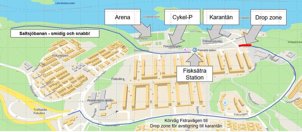 Arenan ligger i Fisksätra och då det är mycket begränsade parkeringsmöjligheter vid arenan rekommenderar samtliga deltagare och publik