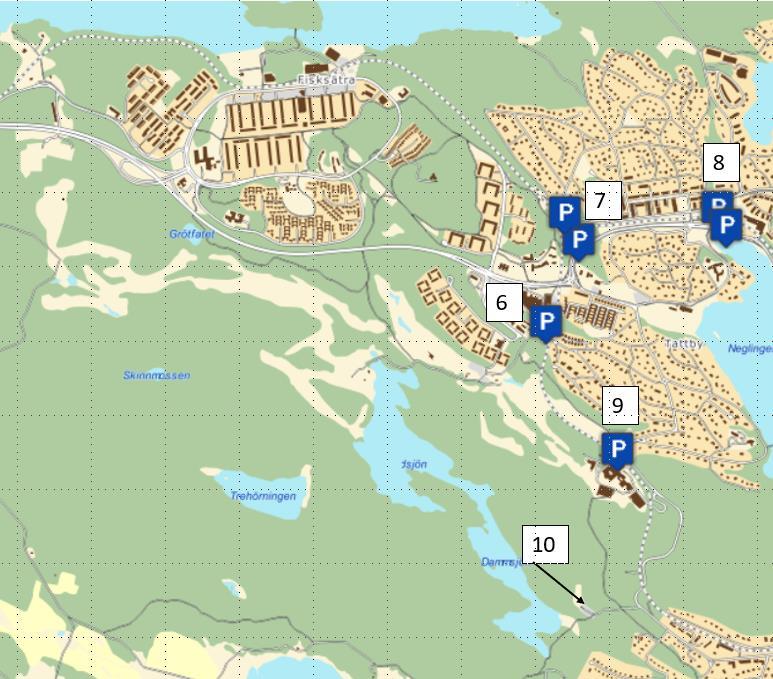 Infartsparkeringar Fisksätra/ Saltsjöbaden 6. Saltsjöbadens Centrum Saltsjöbanan station Tippen (15 platser) 7. Igelboda. Saltsjöbanan station Igelboda (35+36 platser) 8.