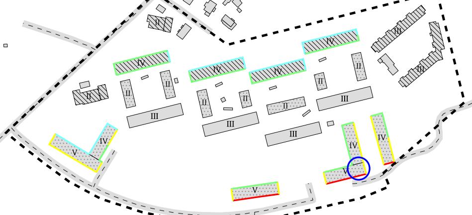 Figur 6. Delar av byggnaden på plan 4 där det är mer komplicerat att utforma lägenheter med ljuddämpad sida är markerade med blått.
