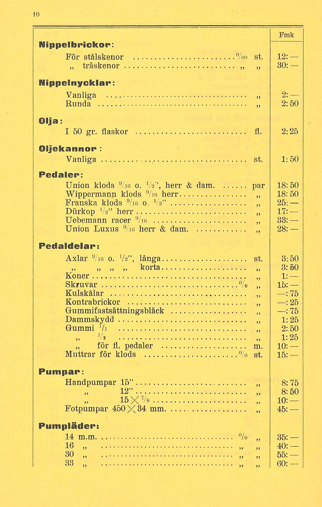 Nippelbrickor: För stålskenor %o st. 12: träskenor 30: Nippelnycklar: Vanliga Runda 2: 2:50 Olja: I 50 gr. flaskor fl. 2:25 Oijekannor : Vanliga, st. 1:50 Pedaler: Union klods 9 /: s o.