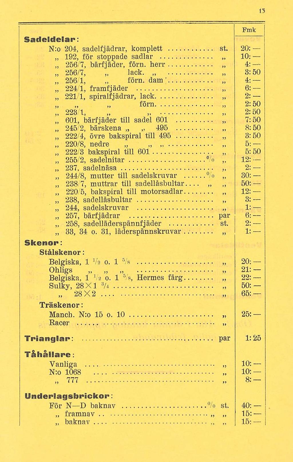 Sadeldelar: N:o 204, sadelfjädrar, komplett st. 20: 192, för stoppade sadlar 10; 256/7, bärfjäder, förn. herr 4: 256/7, lack. 3:50 256/1, förn.