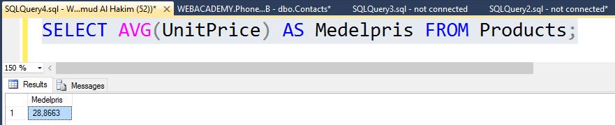 SQL Funktioner AVG() - Returns the average value COUNT() - Returns the number of rows MAX() - Returns the largest value MIN() - Returns the smallest value SUM() - Returns the sum ROUND() - Rounds a