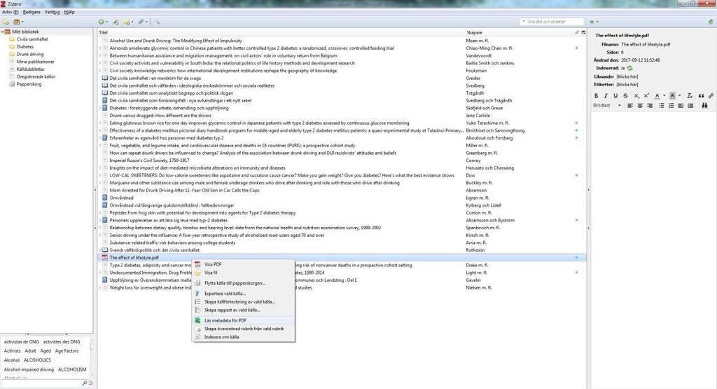 Referens från PDF Om du har artiklar i PDF-format sparade på din dator kan Zotero skapa referenser av metadata som finns i PDF:en.