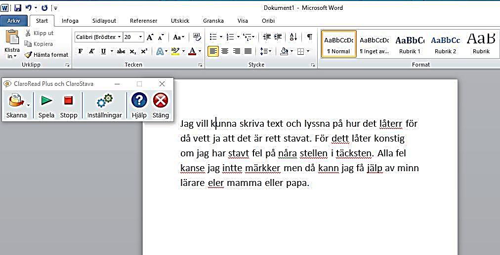Programmet ClaroRead för Windows, här med Microsoft Word. Det finns både för Windows och Mac-datorer.