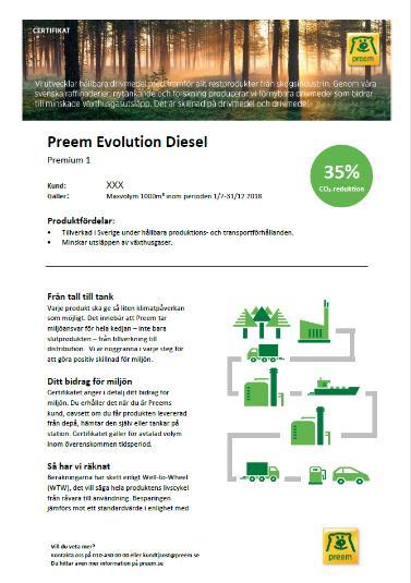 Preems certifikat Med Preems certifikat garanterar vi en viss reduktionsnivå (minskad mängd fossila växthusgasutsläpp).