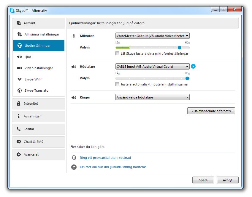 3 (7) 2. Konfigurera Skype Öppna Skype och välj Ljudinställningar under menyn Verktyg/Alternativ Här ska du välja VoiceMeeter Output som mikrofon och Cable Input som Högtalare.