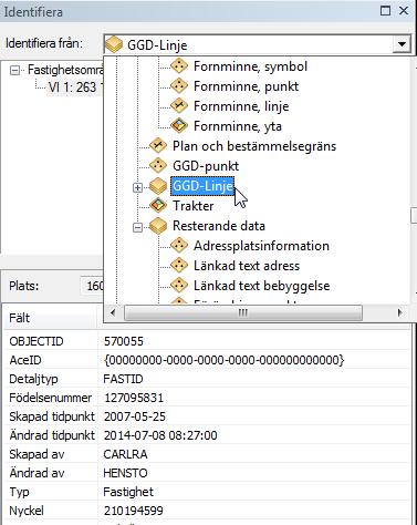 Identifiera. Används för att få mera information om ett eller flera objekt. Arealen och/eller längden som visas är den som finns i originaldatabasen.