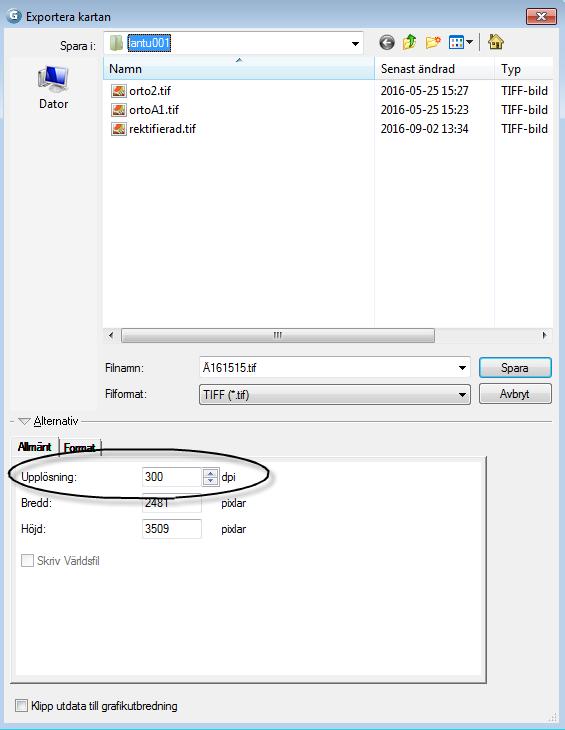 Exportera karta till TIFF Exportera kartan till TIFF via Arkiv > Exportera kartan. Välj var filen ska sparas och ange ett filnamn, byt Filformat till TIFF.