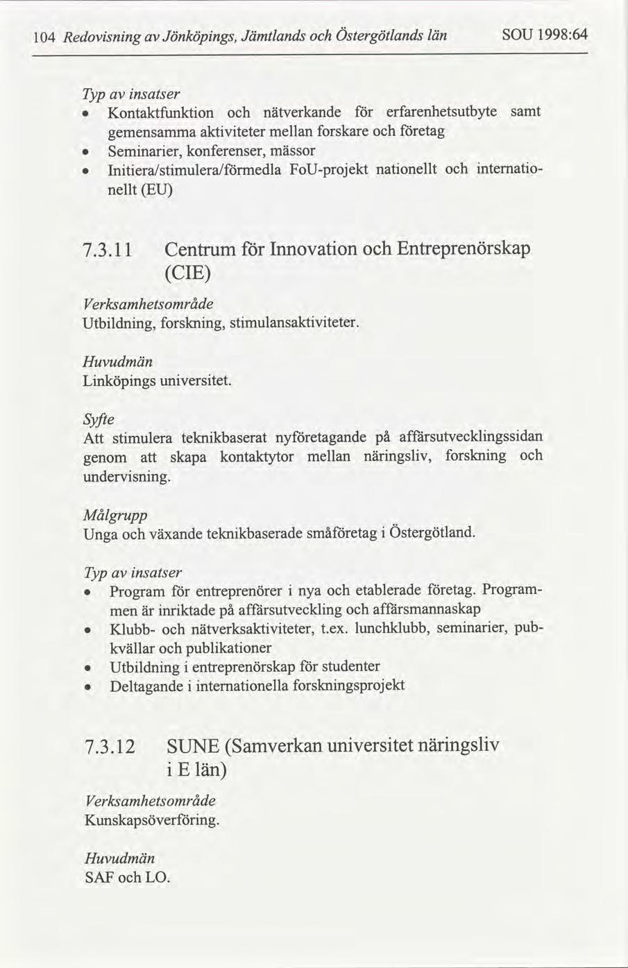 Östergötlands 1998:64 län SOU Jämtlands Jönköpngs, Redovsnng 14 Typ nsatser erfarenhetsutbyte nätverkande Kontaktfunkton samt etag forskare mellan aktvteter gemensamma konferenser, Semnarer, mässor