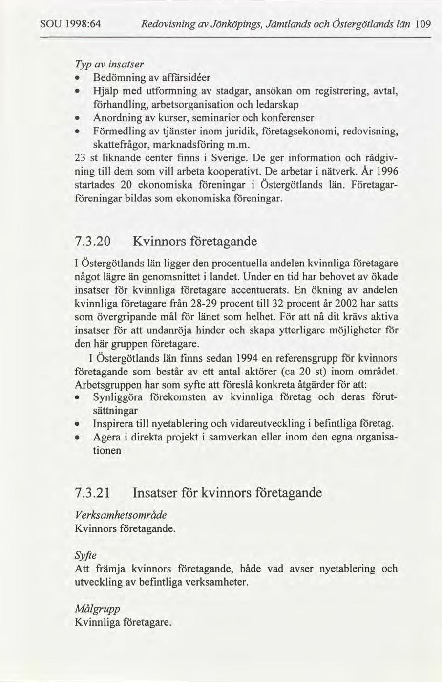 SOU 1998:64 Redovsnng Jönköpngs, Jämtlands Östergötlands län 19 Typ nsatser Bedömnng affärsdéer Hjälp med utformnng stadgar, ansökan om regstrerng, tal, handlng, arbetsorgansaton ledarskap Anordnng