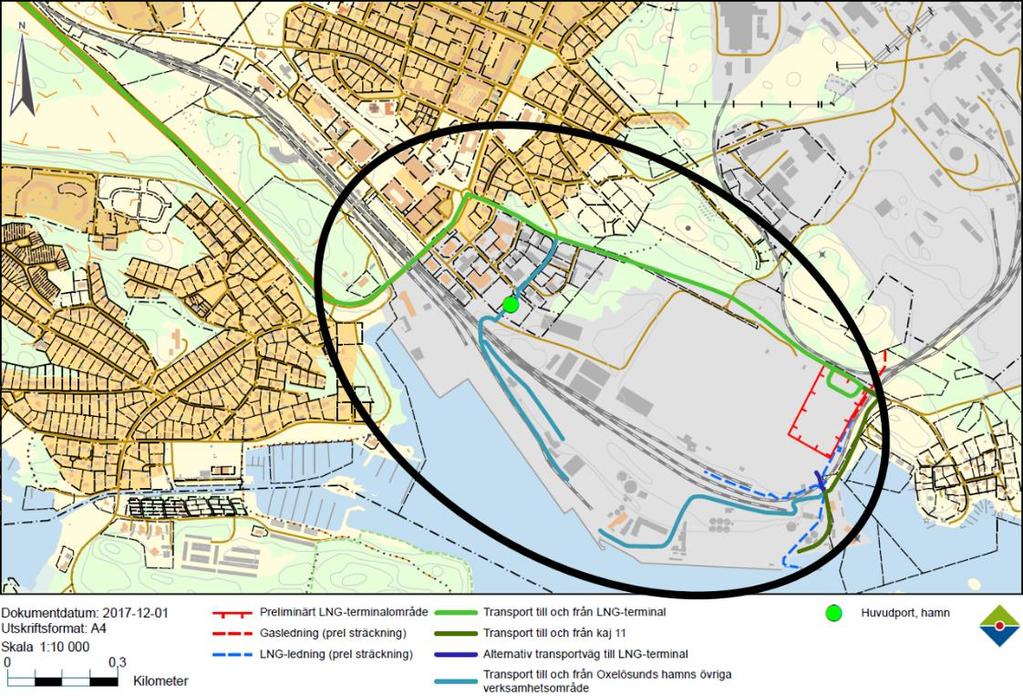 18 UTREDNING UTSLÄPP TILL LUFT FÖR LNG-TERMINAL I OXELÖSUNDS HAMN Figur 7. Transportvägar till Oxelösunds Hamns verksamhetsområde samt till LNGterminalen.