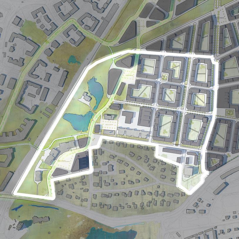 Kvartersstad, ca 1000 bostäder (70% av kvarteren) Kunskapsstråk, ca 55 000 m2 för