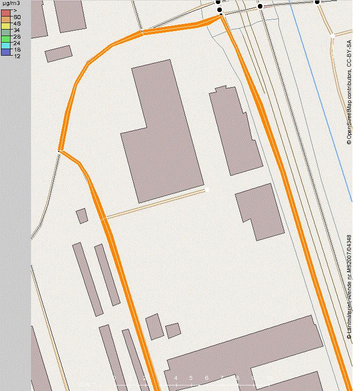 De högst beräknade halterna ligger på omkring 22,4 µg/m 3 vid Ebbe Lieberathsgatan, 26 µg/m 3 vid Fredriksdalsgatan och 26,8 µg/m 3 Mölndalsvägen.