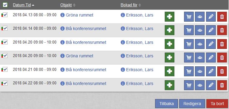 Observera att bokningar i förfluten tid endast kan redigeras/tas bort om inställningen Får redigera/ta bort en bokning närmare bokningsdagen än tillåtet under Administration > Användare >