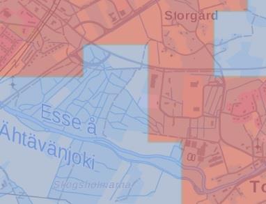 1-10 Bild 5. Bilden förevisar samhällsstrukturen. Röd färg; Tätortsområden, Blå färg; Landsbygdsbebyggelse/glesbygdsbebyggelse. SYKE/YKR MML, Esri Finland.