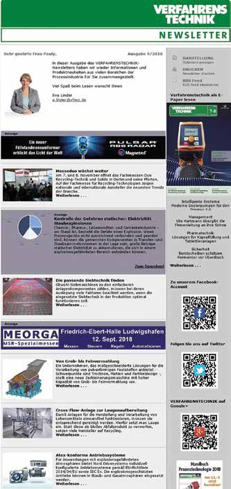NEWSLETTER Porträt I Preisliste Werbeformen 1PFN 1 Porträt 1 Name: VERFAHRENSTECHNIK Newsletter 2 Kurzcharakteristik: Der VERFAHRENSTECHNIK Newsletter informiert schon vorab über das Top-Thema sowie
