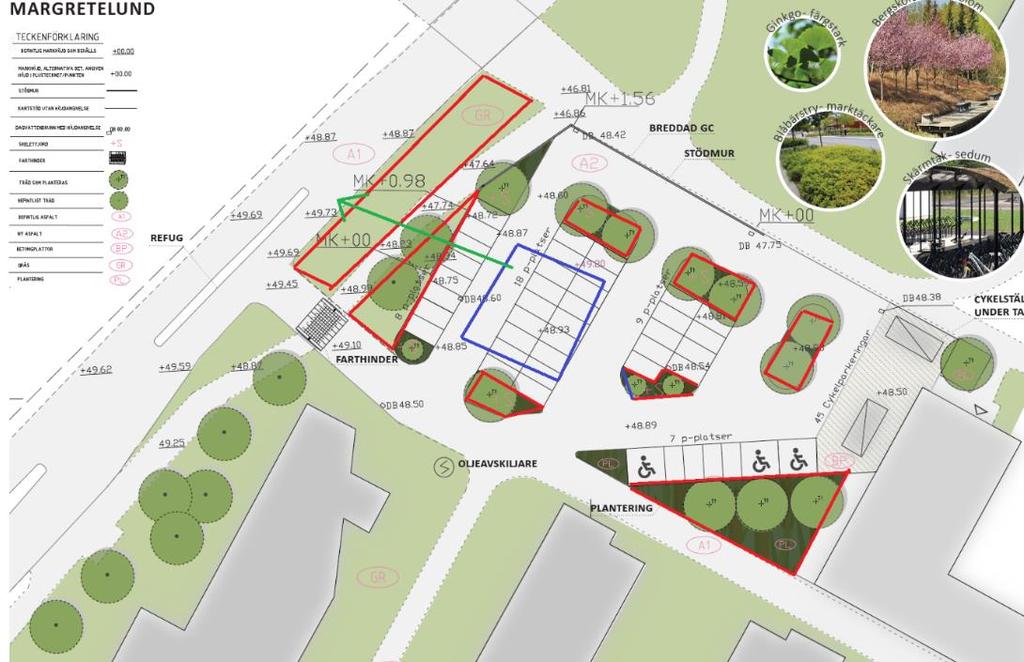 Förslag: Luta asfalterade ytor i största möjliga mån mot rödmarkerade grönytor. Sätt dagvattenbrunnar (bräddningsbrunnar) i dessa som kopplas till ett magasin under jord (blåmarkerat).