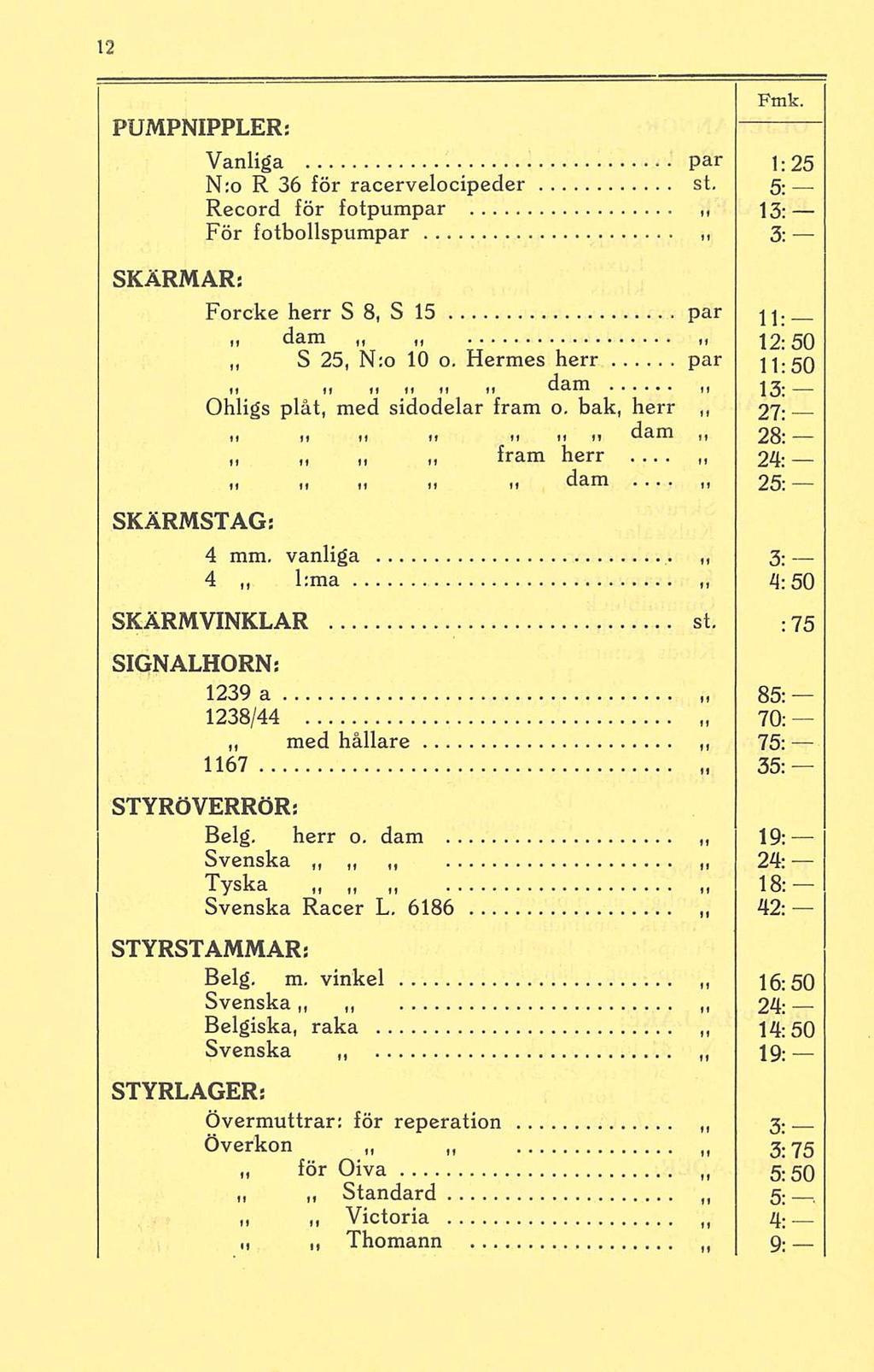 PUMPNIPPLER: Vanliga par : 25 N:o R 36 för racervelocipeder st. 5 ; Record för fotpumpar 13; För fotbollspumpar 3: SKÄRMAR: Forcke herr SB,S 15 par jj.»i dam n H 12:50 S 25, N:o 10 o.