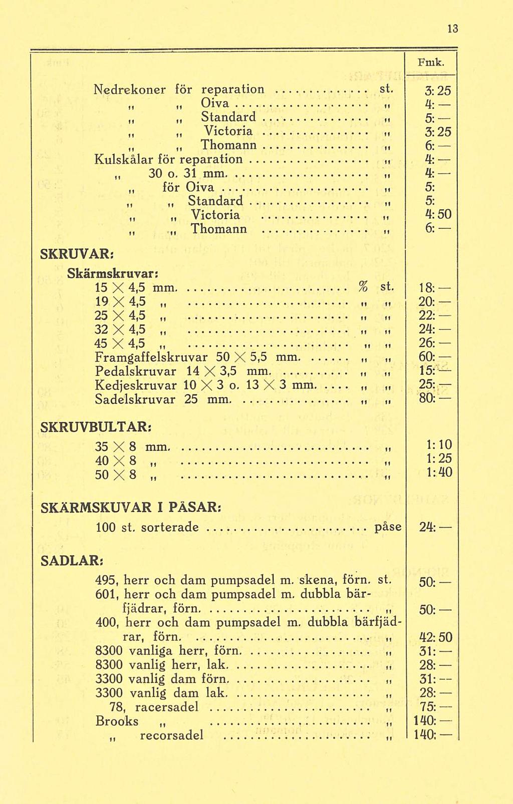 Nedrekoner för reparation st. 3; 25 Oiva 4: Standard, 5: Victoria 3:25 Thomann 6: Kulskålar för reparation 4: 30 o.