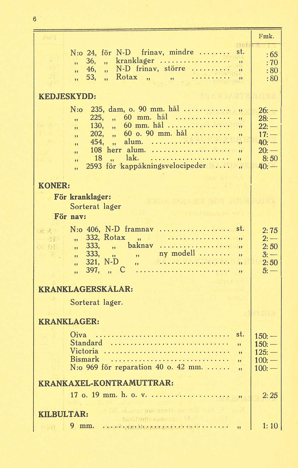 KEDJESKYDD: N;o 24, för N-D frinav, mindre st..gg 36, kranklager.79 46, N-D frinav, större.go 53, Rotax.. :80 N;o 235, dam, o. 90 mm. hål 26; 225, 60 mm. hål «28: 130, 60 mm. hål 22: 202, 60 o. 90 mm. hål ]7 : 454, alum 40: 108 herr alum.