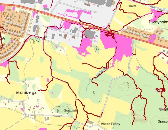 Antagandehandling Sida 9 (17) Skyfallskartering. Planområdet markerat med röd streckad linje. Miljökvalitetsnormer för vatten Planområdet avrinner österut mot Vilabäcken som mynnar i Mälaren.