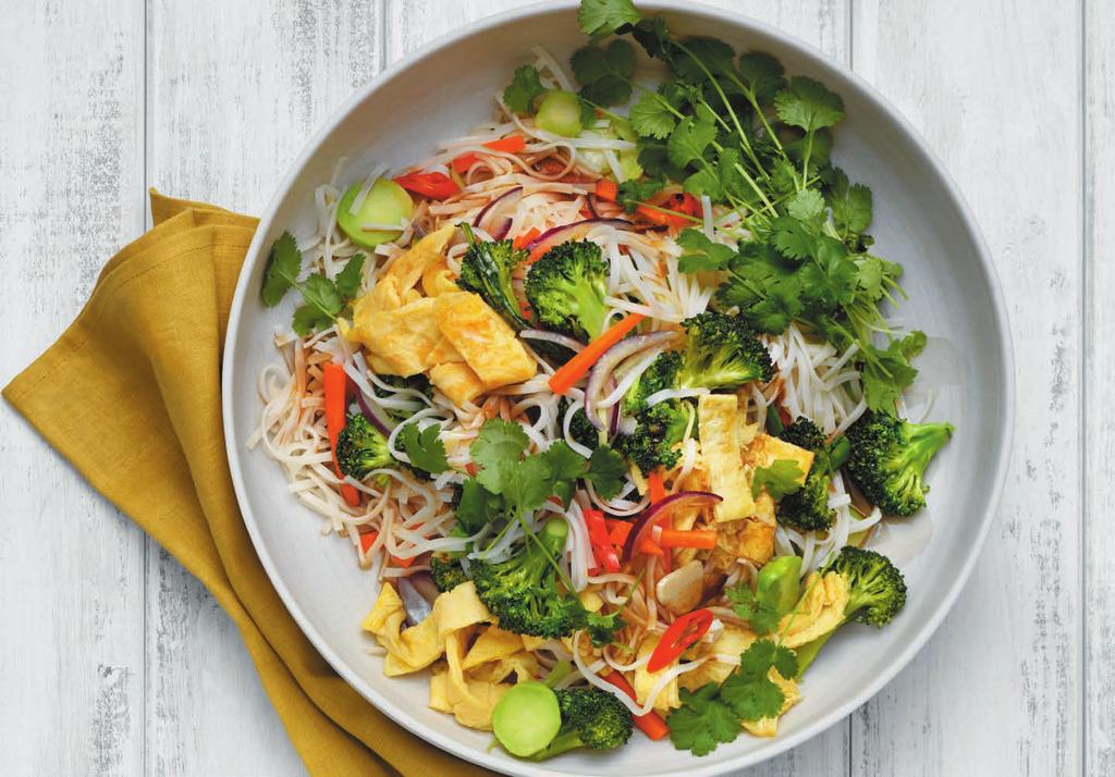 RECEPT 4 25 MIN 353 kcal/port. Energi från: Fett 18% Kolhydrater 67% Protein 15% Vegetarisk risnudelwok Varma risudlar med grönsker och ägg.