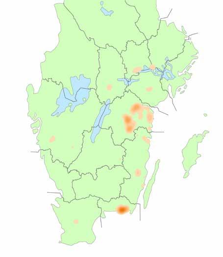 Det finns ca 450 noteringar av läderbagge från alla län från Skåne norrut till Uppsala och Västmanlands län, varav 430 har belagd förekomst 1990 eller senare, se Figur 5.