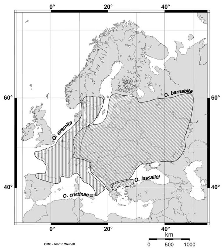 Figur 6. Läderbaggskomplexets utbredning i Europa enligt Audisio m.fl. (2007).